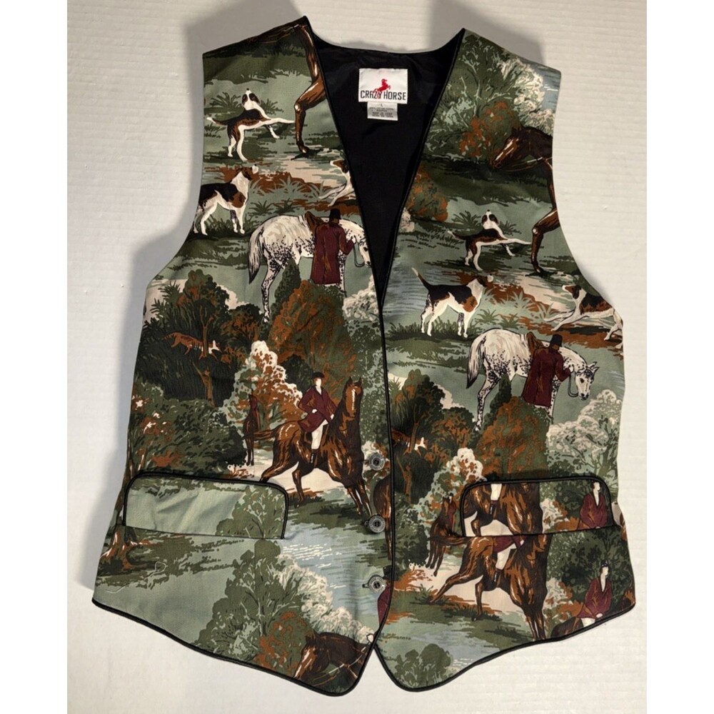 Vintage Crazy Horse Vest Large Equestrian Fox Hunt Hounds Western Excellent
